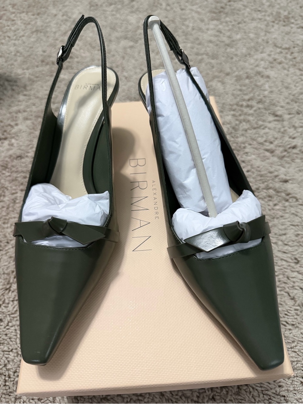 Alexandre Birman Dark Olive Green Pointed Slingback Heels with Knot